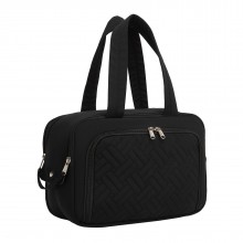 TOK2608 - Kono Travel Quilted Toiletry Bag – Water-Resistant, Wet/Dry Pocket, Large 180° Opening for Easy Access - Black