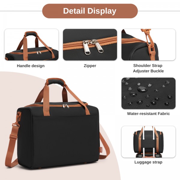 TVK2521 - Kono Compact and Lightweight 40×30×20 Personal-Item Travel Bag - U-Zip Wide Opening And Trolley Sleeve - Black and Brown