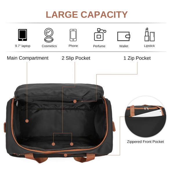 TVK2521 - Kono Compact and Lightweight 40×30×20 Personal-Item Travel Bag - U-Zip Wide Opening And Trolley Sleeve - Black and Brown