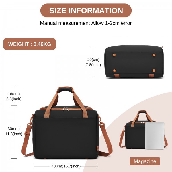 TVK2521 - Kono Compact and Lightweight 40×30×20 Personal-Item Travel Bag - U-Zip Wide Opening And Trolley Sleeve - Black and Brown