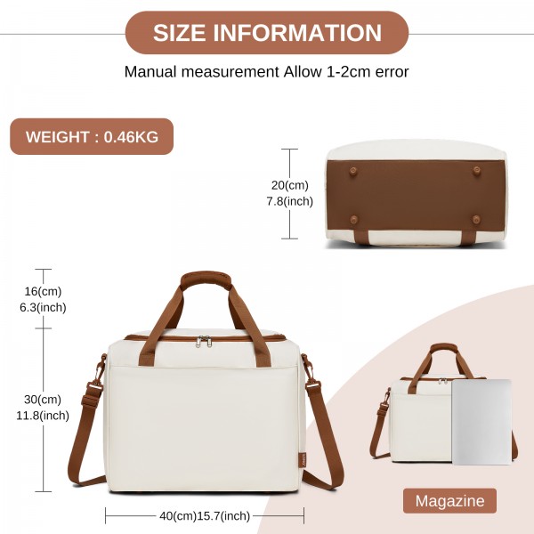 TVK2521 - Kono Compact and Lightweight 40×30×20 Personal-Item Travel Bag - U-Zip Wide Opening And Trolley Sleeve - Cream