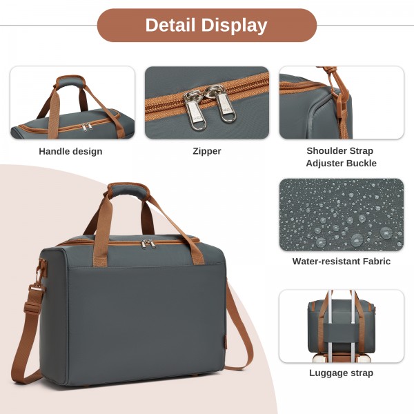 TVK2521 - Kono Kompakte, leichte Personal-Item-Reisetasche 40×30×20 - U-Reißverschluss mit weiter Öffnung & Trolley-Sleeve - Grau und Braun