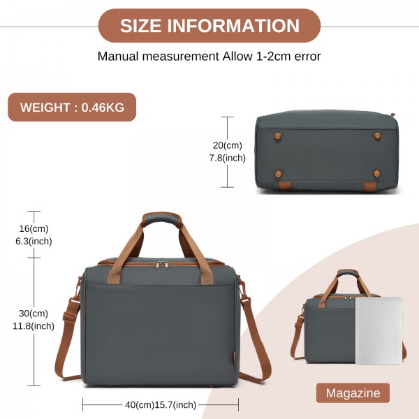 TVK2521 - Kono Kompakte, leichte Personal-Item-Reisetasche 40×30×20 - U-Reißverschluss mit weiter Öffnung & Trolley-Sleeve - Grau und Braun