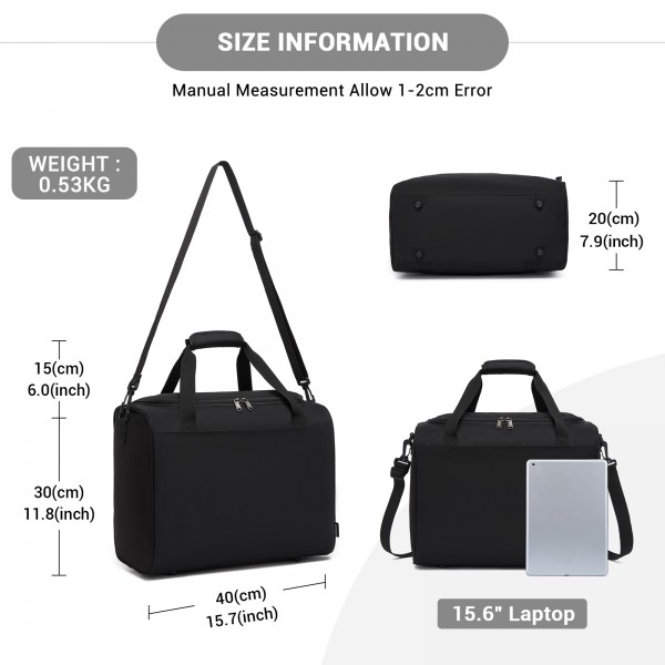 TVK2526 - Kono Spacious Airline-Approved Cabin Travel Duffel (40×30×20 cm) - Roomy Weekender with U-Zip Opening - Black