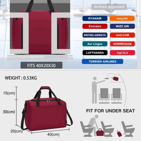 TVK2526 - Kono Spacious Airline-Approved Cabin Travel Duffel (40×30×20 cm) - Roomy Weekender with U-Zip Opening - Burgundy