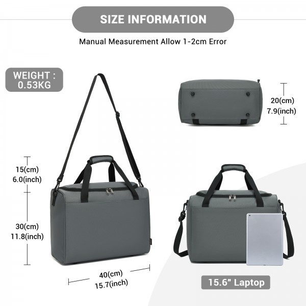 TVK2526 - Kono Spacious Airline-Approved Cabin Travel Duffel (40×30×20 cm) - Roomy Weekender with U-Zip Opening - Grey