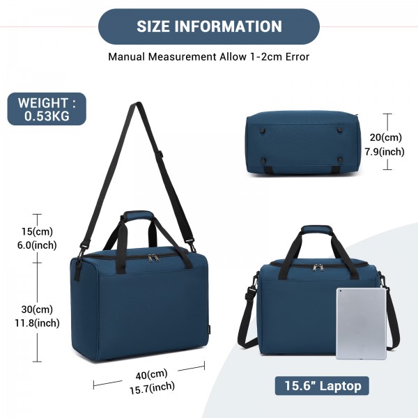 TVK2526 - Kono Spacious Airline-Approved Cabin Travel Duffel (40×30×20 cm) - Roomy Weekender with U-Zip Opening - Navy