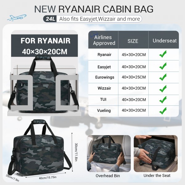 TVK2560 - Kono Reisetasche mit großer Kapazität 40×30×20 cm-Airline-approved Unterseat Kabinentasche, perfekt für Fitness, Reisen und Wochenendausflüge - Tarnung