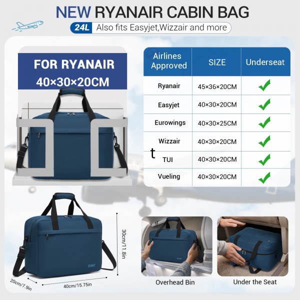 TVK2560 - Kono Reisetasche mit großer Kapazität 40×30×20 cm-Airline-approved Unterseat Kabinentasche, perfekt für Fitness, Reisen und Wochenendausflüge - Marineblau