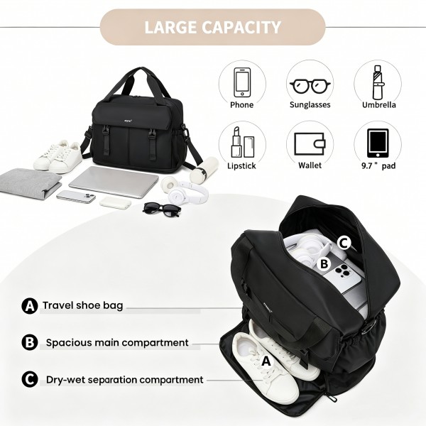 TVK2613 - Kono Expandable Cabin Travel Bag 40×30×20cm - Large Capacity, Water-Resistant, Multi-Compartment Weekend & Carry-On Tote - Black