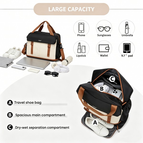 TVK2613 - Kono Expandable Cabin Travel Bag 40×30×20cm - Large Capacity, Water-Resistant, Multi-Compartment Weekend & Carry-On Tote - Black and Beige