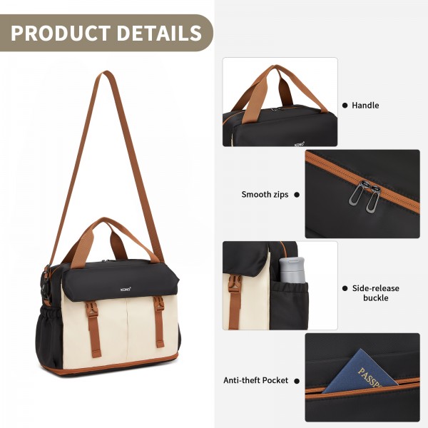 TVK2613 - Kono Expandable Cabin Travel Bag 40×30×20cm - Large Capacity, Water-Resistant, Multi-Compartment Weekend & Carry-On Tote - Black and Beige