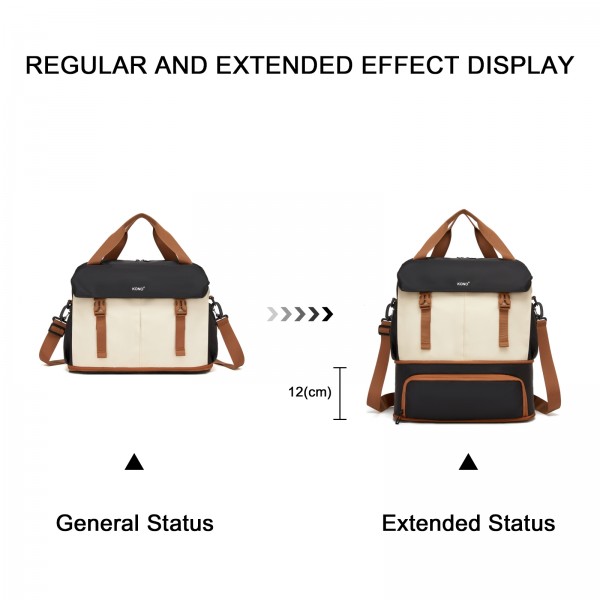 TVK2613 - Kono Expandable Cabin Travel Bag 40×30×20cm - Large Capacity, Water-Resistant, Multi-Compartment Weekend & Carry-On Tote - Black and Beige