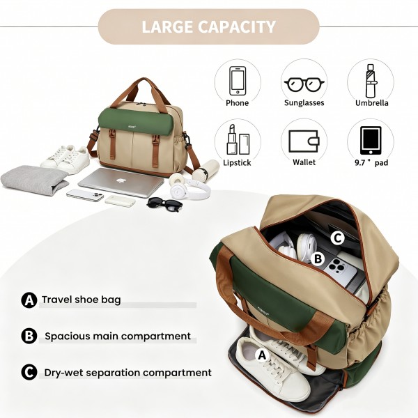 TVK2613 - Kono Expandable Cabin Travel Bag 40×30×20cm - Large Capacity, Water-Resistant, Multi-Compartment Weekend & Carry-On Tote - Khaki and Green