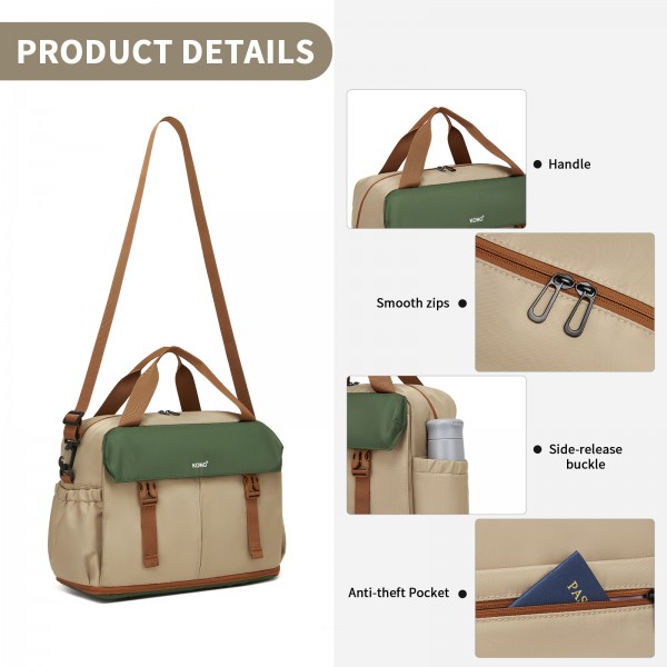 TVK2613 - Kono Expandable Cabin Travel Bag 40×30×20cm - Large Capacity, Water-Resistant, Multi-Compartment Weekend & Carry-On Tote - Khaki and Green
