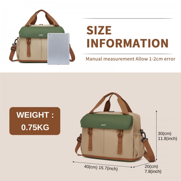 TVK2613 - Kono Expandable Cabin Travel Bag 40×30×20cm - Large Capacity, Water-Resistant, Multi-Compartment Weekend & Carry-On Tote - Khaki and Green
