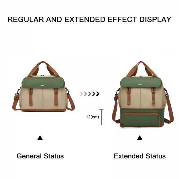TVK2613 - Kono Expandable Cabin Travel Bag 40×30×20cm - Large Capacity, Water-Resistant, Multi-Compartment Weekend & Carry-On Tote - Khaki and Green