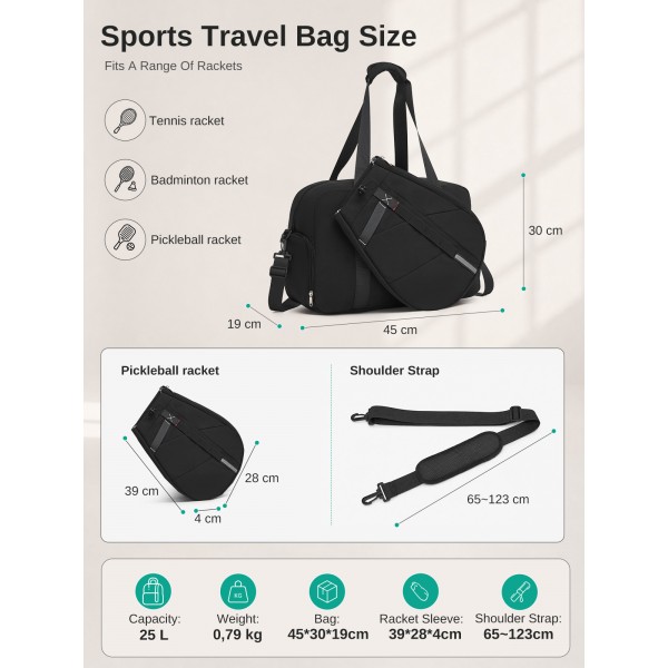 TVK2627 - Kono 25L Unisex Modular Tennis Travel Bag Set, Water Repellent Nylon Gym Bag with Detachable Racket Sleeve - Black