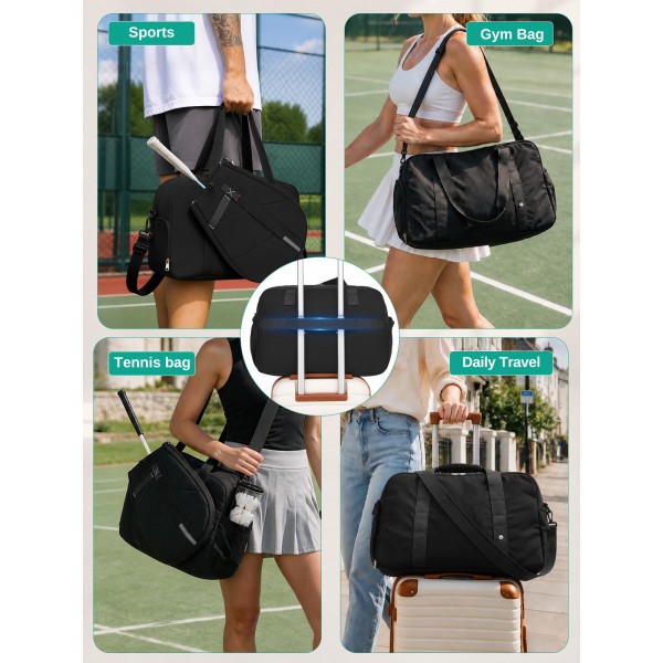 TVK2627 - Kono 25L Unisex Modular Tennis Travel Bag Set, Water Repellent Nylon Gym Bag with Detachable Racket Sleeve - Black