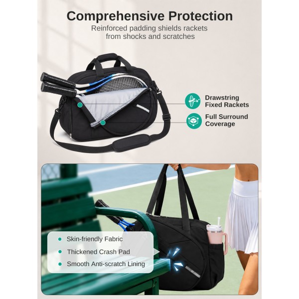 TVK2627 - Kono 25L Unisex Modular Tennis Travel Bag Set, Water Repellent Nylon Gym Bag with Detachable Racket Sleeve - Black