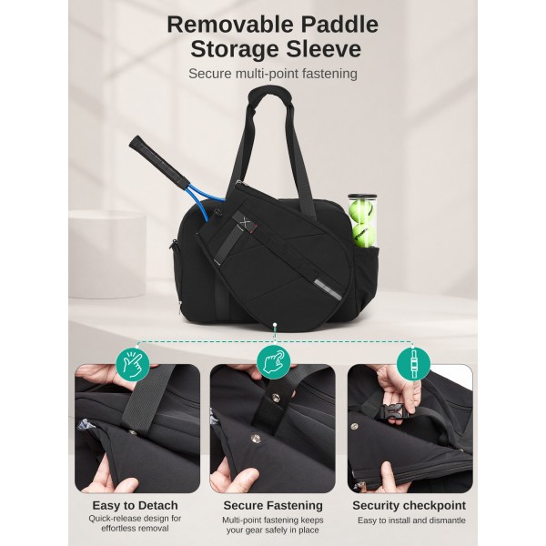 TVK2627 - Kono 25L Unisex Modular Tennis Travel Bag Set, Water Repellent Nylon Gym Bag with Detachable Racket Sleeve - Black