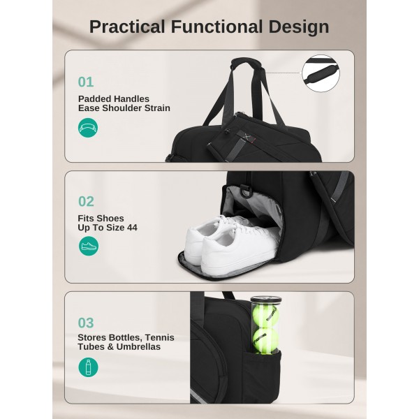 TVK2627 - Kono 25L Unisex Modular Tennis Travel Bag Set, Water Repellent Nylon Gym Bag with Detachable Racket Sleeve - Black