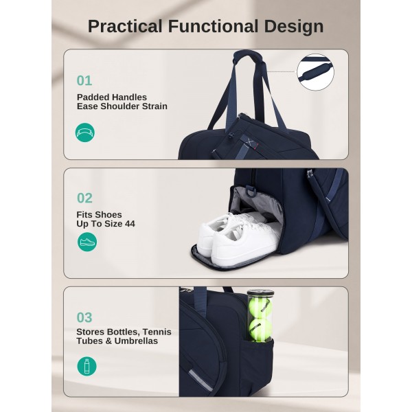 TVK2627 - Kono 25L Unisex Modular Tennis Travel Bag Set, Water Repellent Nylon Gym Bag with Detachable Racket Sleeve - Navy