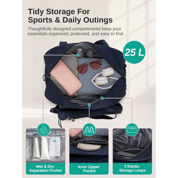 TVK2627 - Kono 25L Unisex Modular Tennis Travel Bag Set, Water Repellent Nylon Gym Bag with Detachable Racket Sleeve - Navy