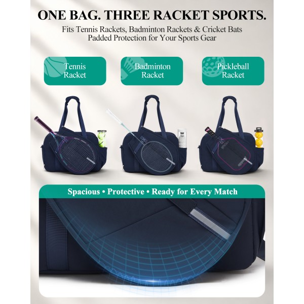 TVK2627 - Kono 25L Unisex Modular Tennis Travel Bag Set, Water Repellent Nylon Gym Bag with Detachable Racket Sleeve - Navy