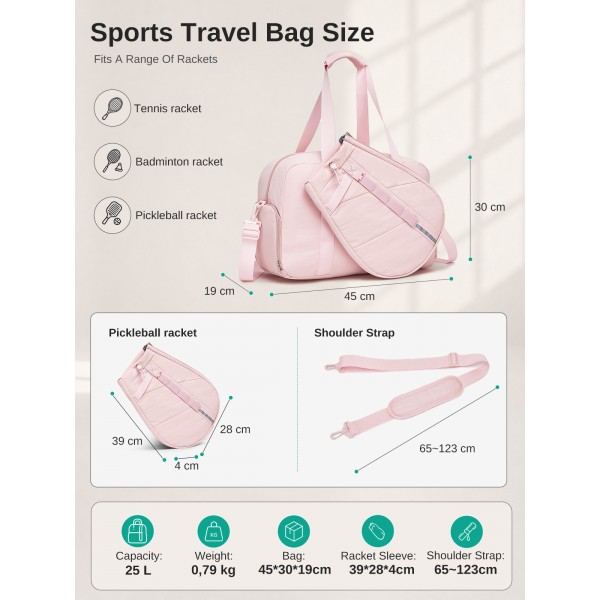 TVK2627 - Kono 25L Unisex Modular Tennis Travel Bag Set, Water Repellent Nylon Gym Bag with Detachable Racket Sleeve - Pink