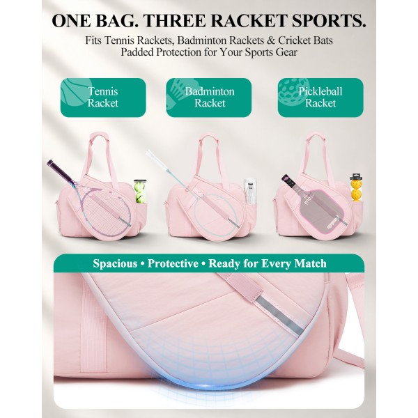 TVK2627 - Kono 25L Unisex Modular Tennis Travel Bag Set, Water Repellent Nylon Gym Bag with Detachable Racket Sleeve - Pink