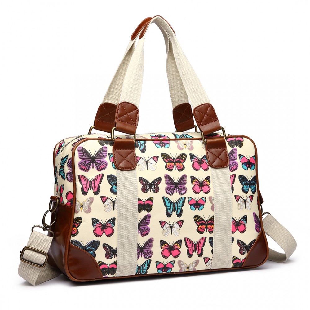 L1106B Miss Lulu Oilcloth Travel Bag Butterfly Beige