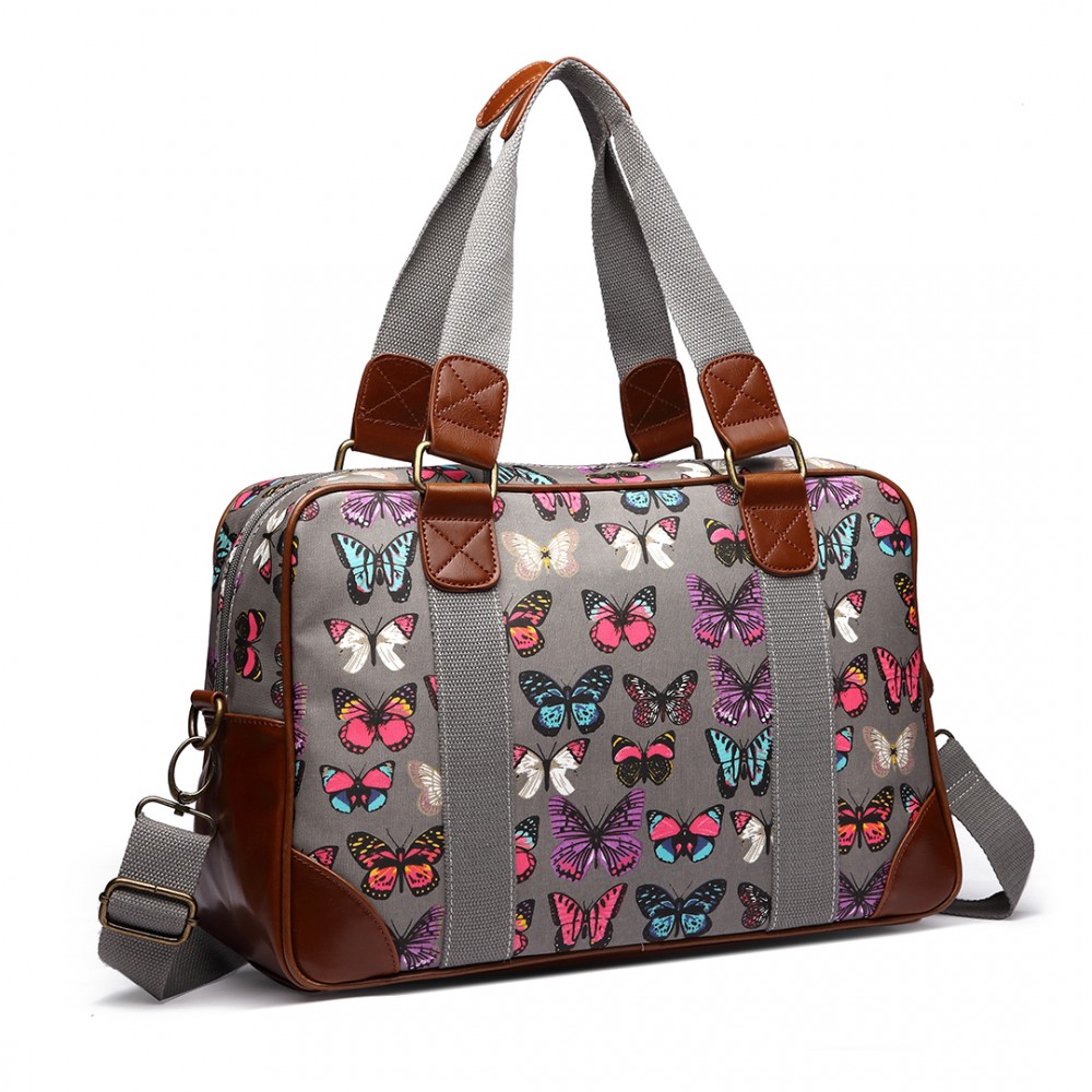 L1106B Miss Lulu Oilcloth Travel Bag Butterfly Grey
