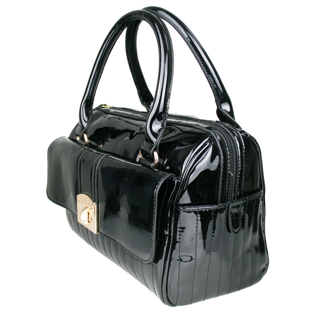 L1403 - Miss Lulu Patent Leather Look Shoulder Handbag Black