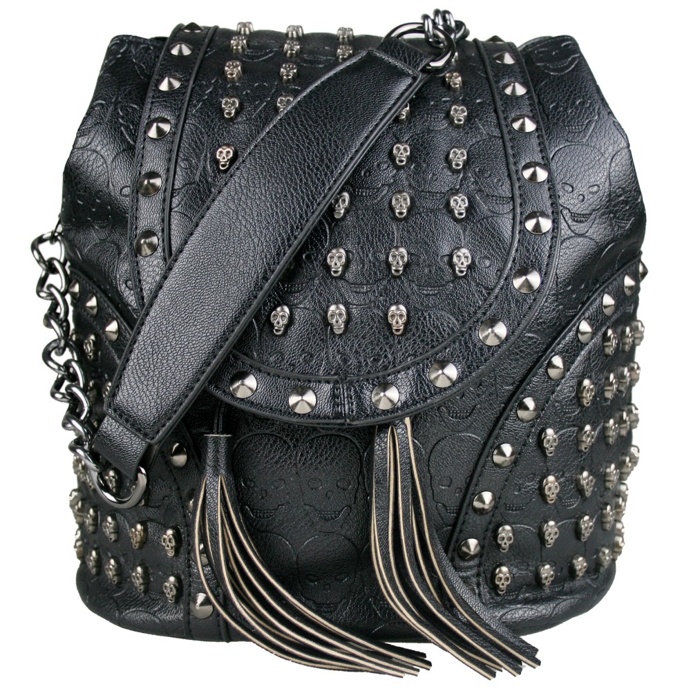 L1414 - Miss Lulu Skull Studded Backpack Shoulder Bag Black