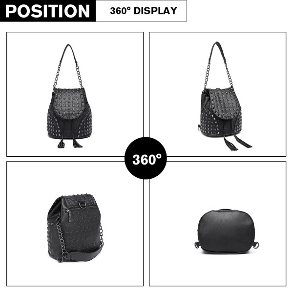 L1414 - Miss Lulu Totenkopf-Nieten Rucksack Schultertasche - Schwarz