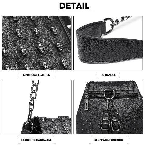 L1414 - Miss Lulu Totenkopf-Nieten Rucksack Schultertasche - Schwarz