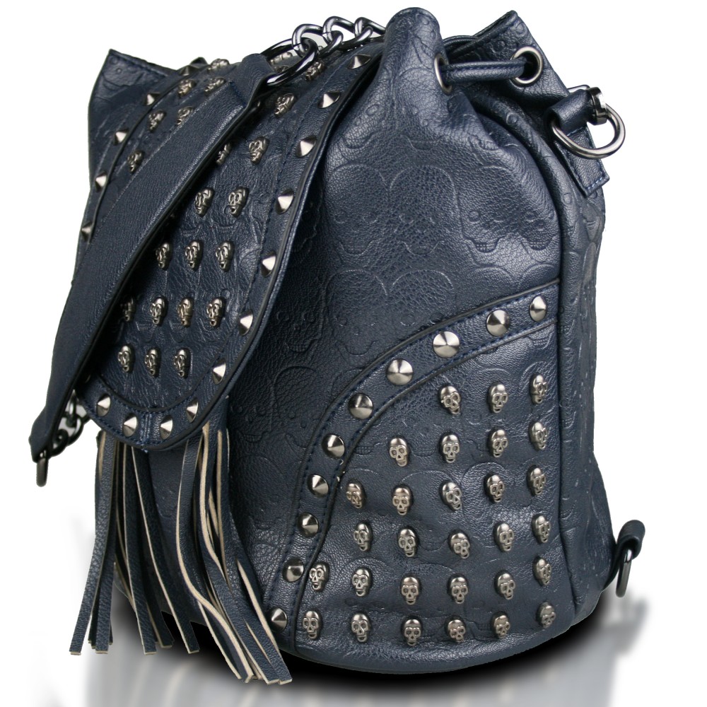 L1414 Miss Lulu Skull Studded Backpack Shoulder Bag Navy