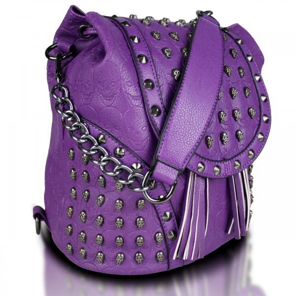 L1414 Miss Lulu Skull Studded Backpack Shoulder Bag Purple