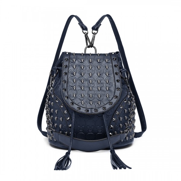 L1414 - Miss Lulu Skull Studded Backpack Shoulder Bag - Navy