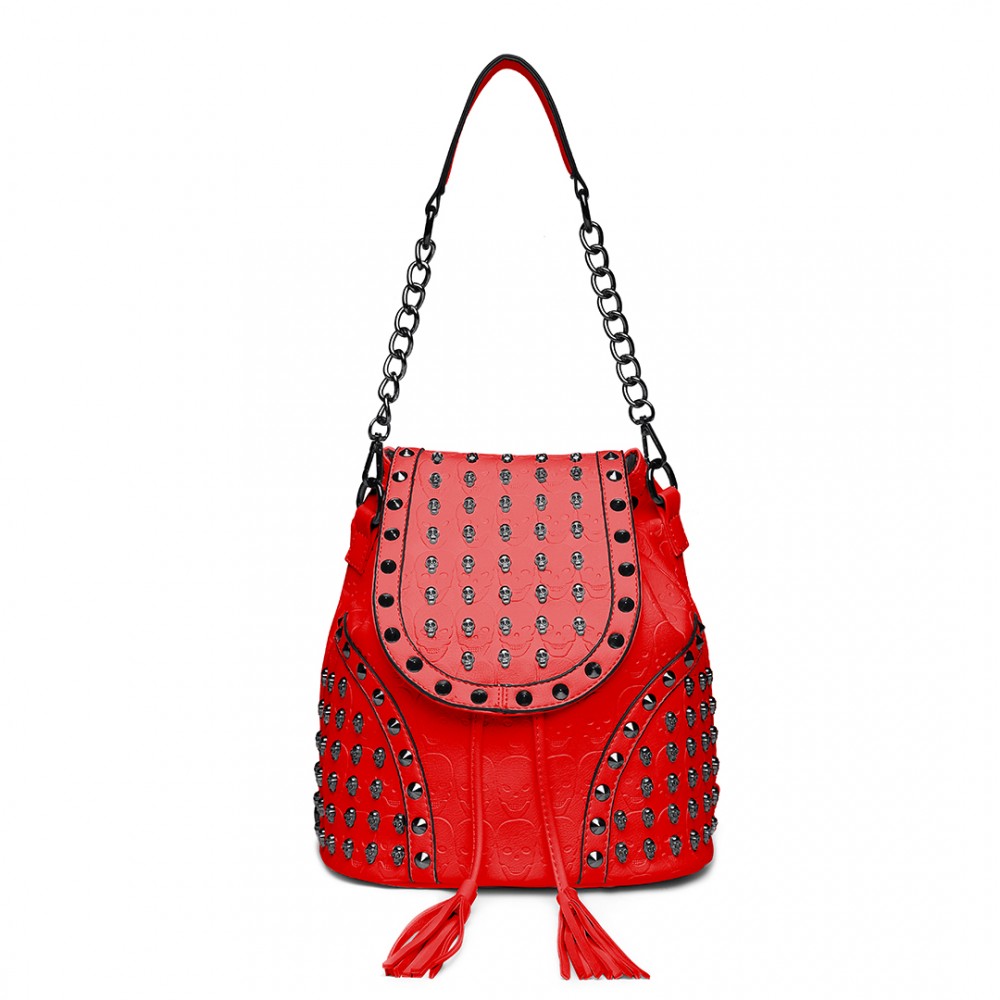 L1414 Miss Lulu Skull Studded Backpack Shoulder Bag Red