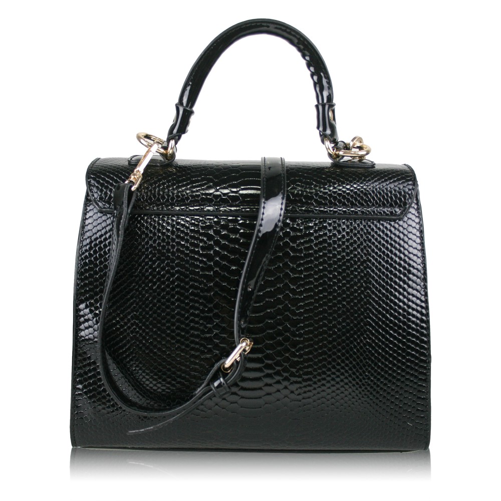 L1422 - Miss Lulu Patent Leather Look Crocodile Handbag Black