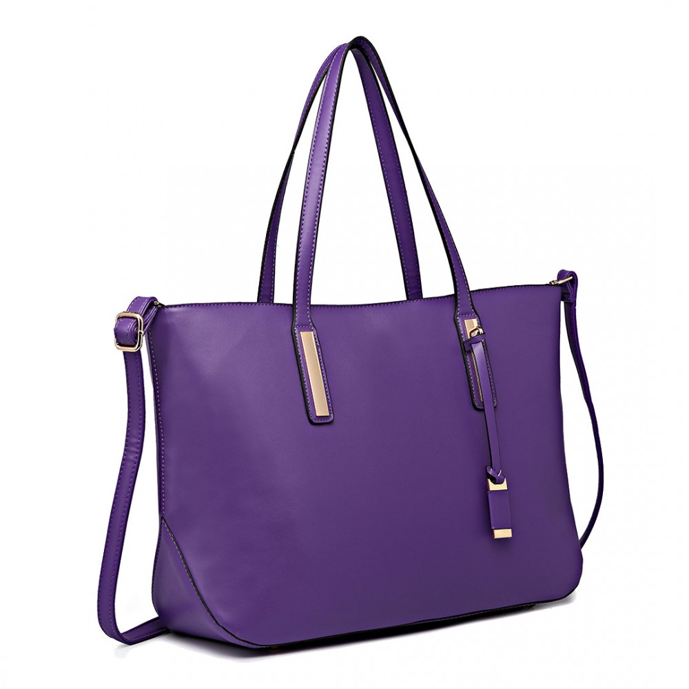 L1435 - Miss Lulu Leather Look Large Shoulder Tote Bag - Purple