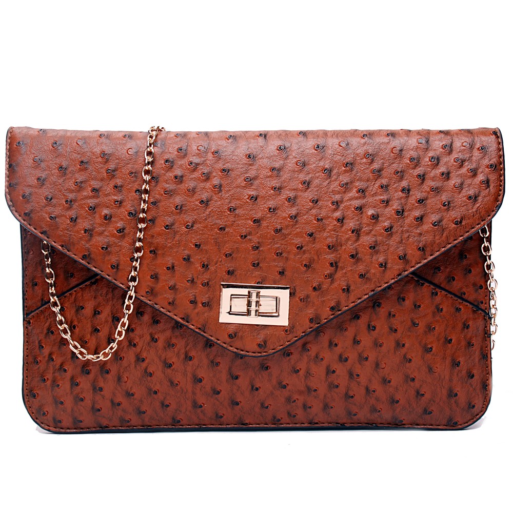 L1437 Miss Lulu Ostrich Envelope Clutch Bag Brown