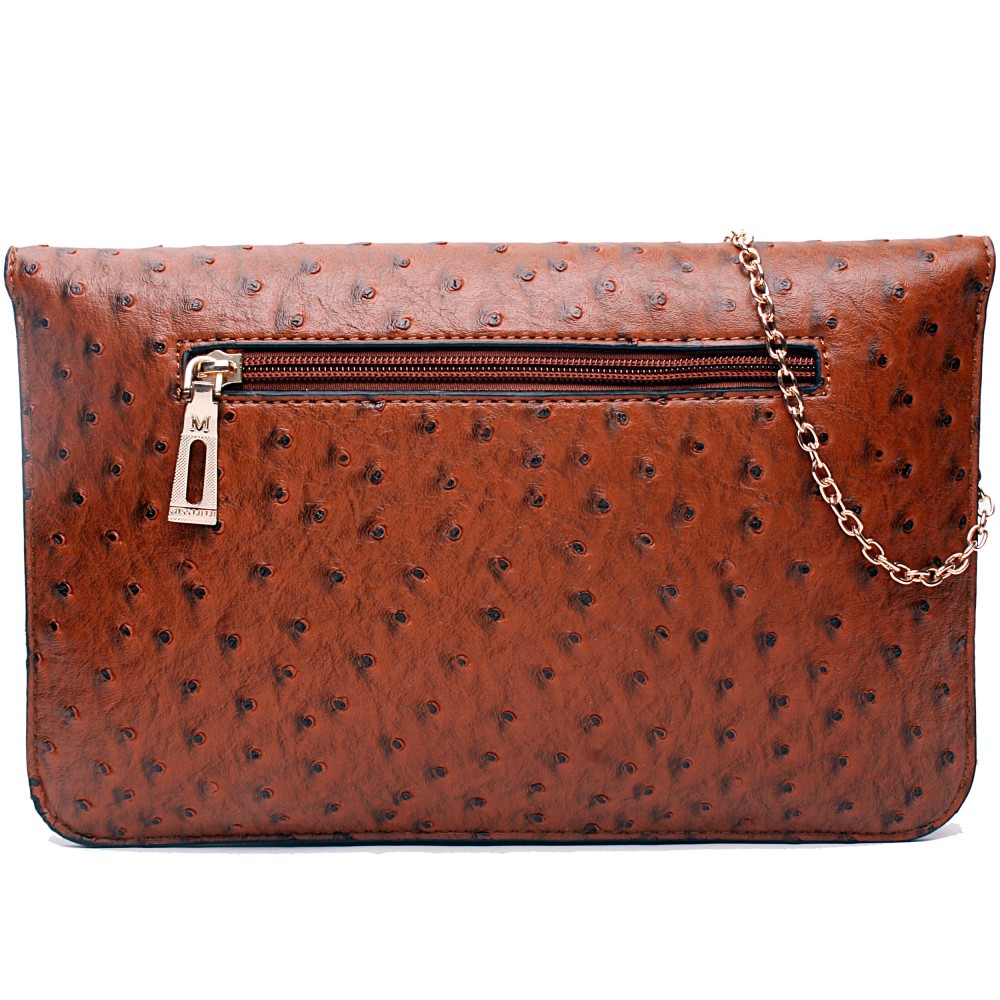 L1437 Miss Lulu Ostrich Envelope Clutch Bag Brown
