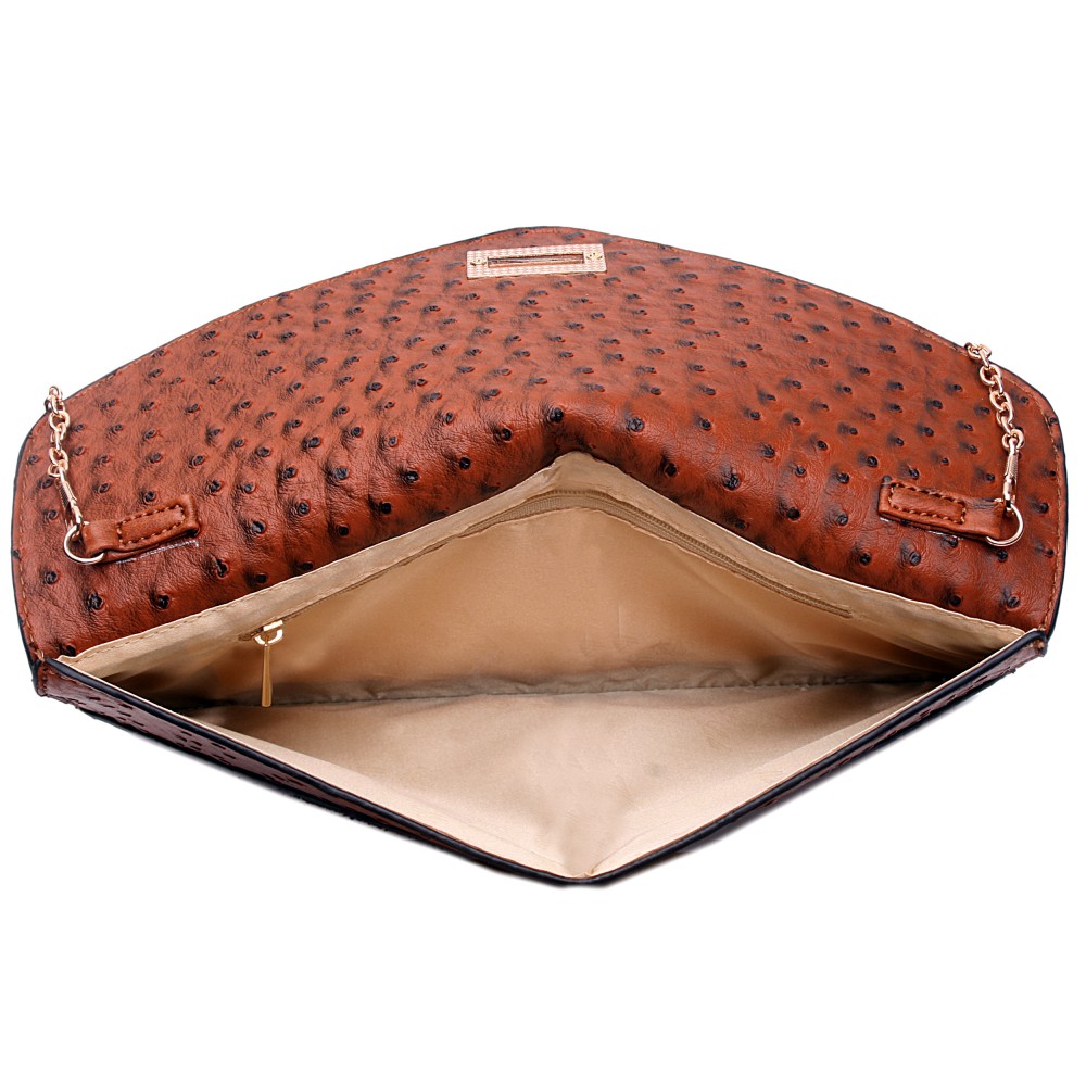 L1437 Miss Lulu Ostrich Envelope Clutch Bag Brown