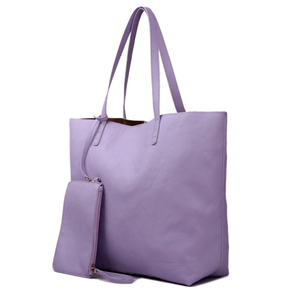 L1502 Miss Lulu Leather Look Large Vintage Tote Bag Light Purple