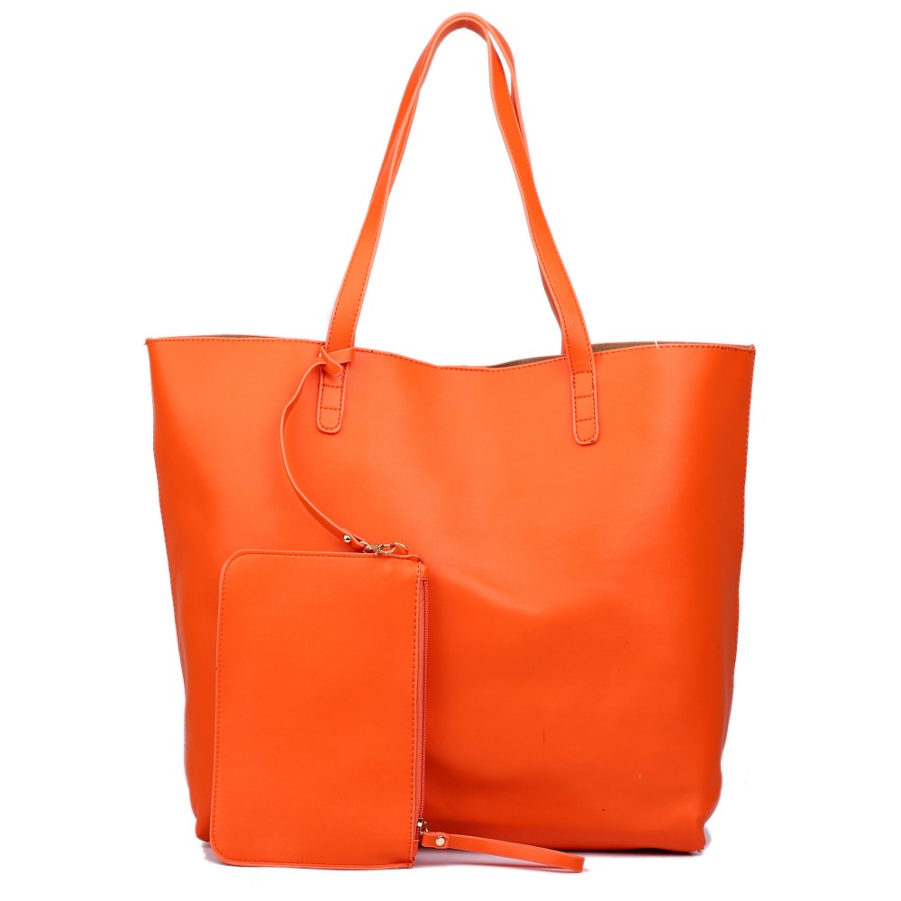 L1502 - Miss Lulu Leather Look Large Vintage Tote Bag Orange
