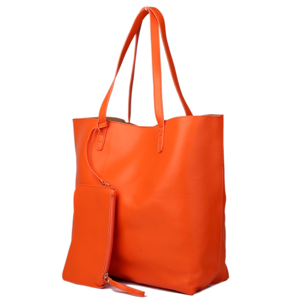 L1502 - Miss Lulu Leather Look Large Vintage Tote Bag Orange
