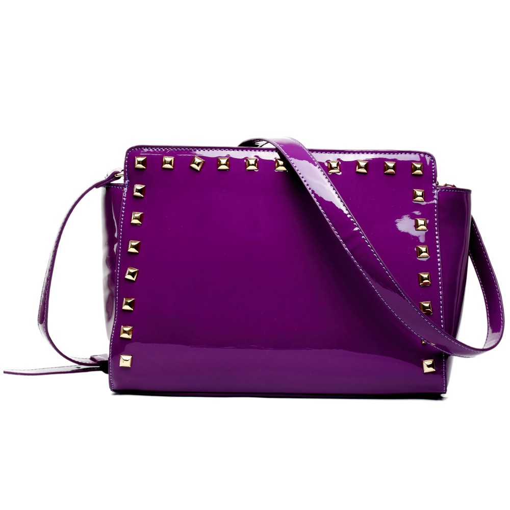 L1506 - Miss Lulu Patent Leather Look Studded Cross Body Bag Purple